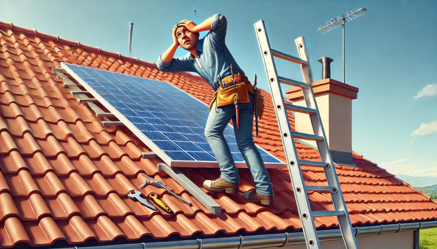 um homem sem experiência tentando instalar um painel solar no telhado