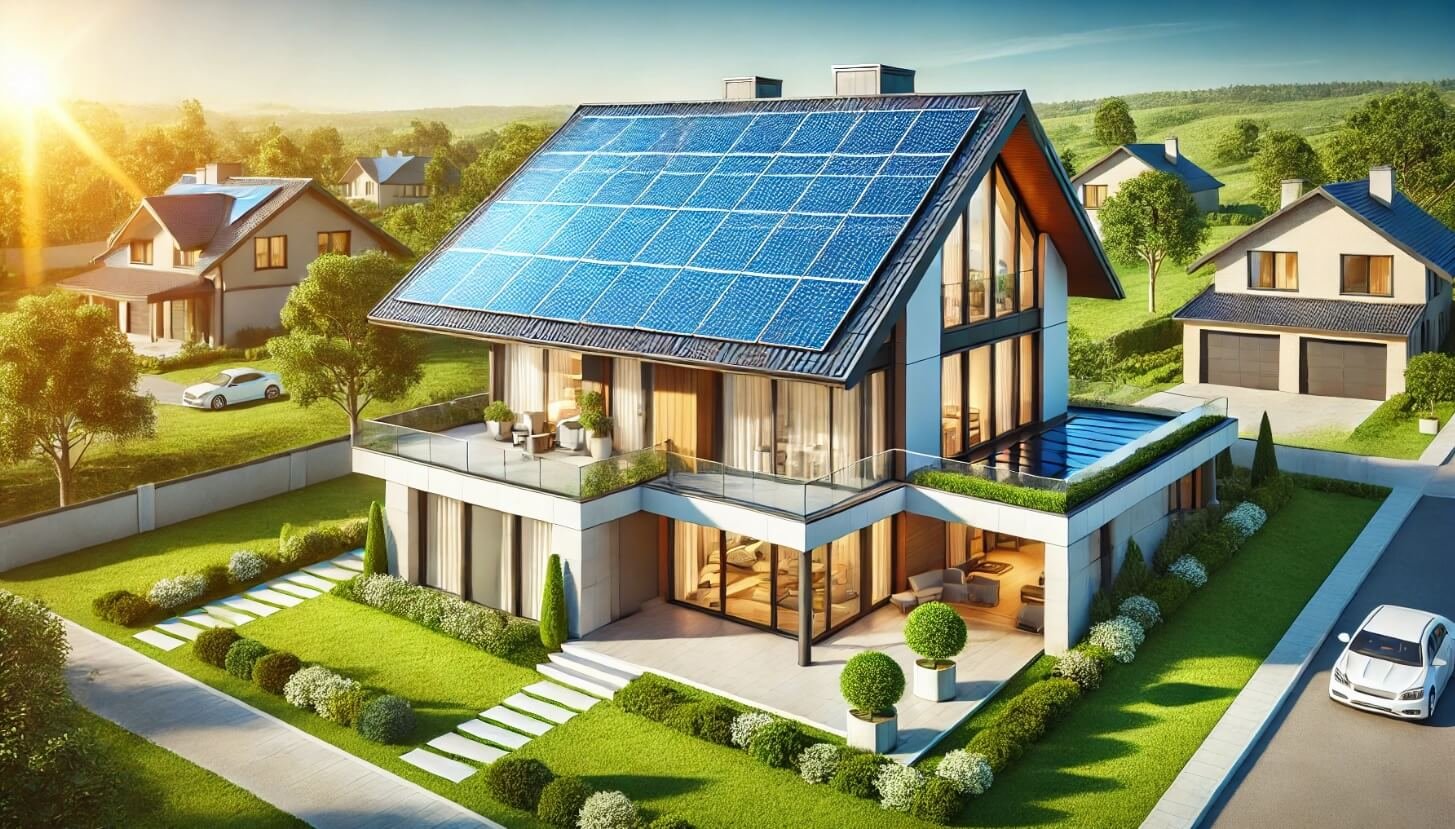 uma casa com um sistema de energia solar off grid